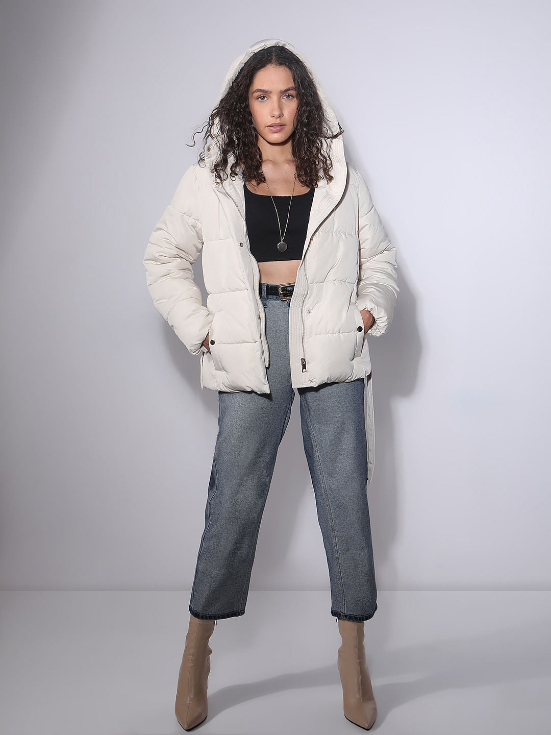 Beige Hooded Puffer Jacket