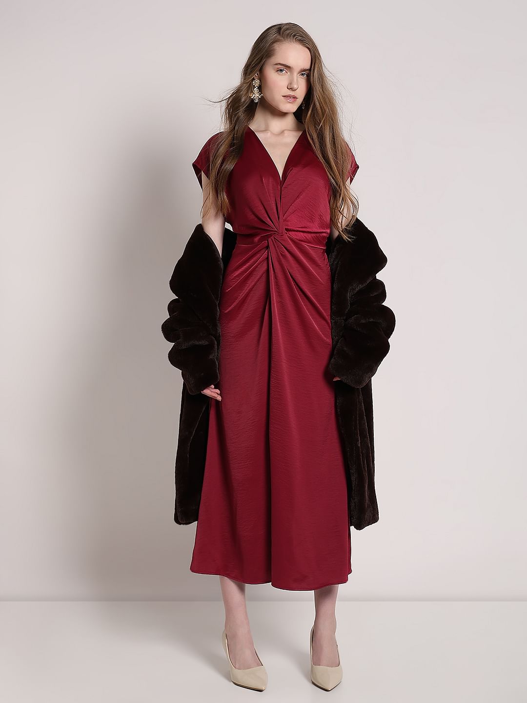Red Front Knot Midi Dress