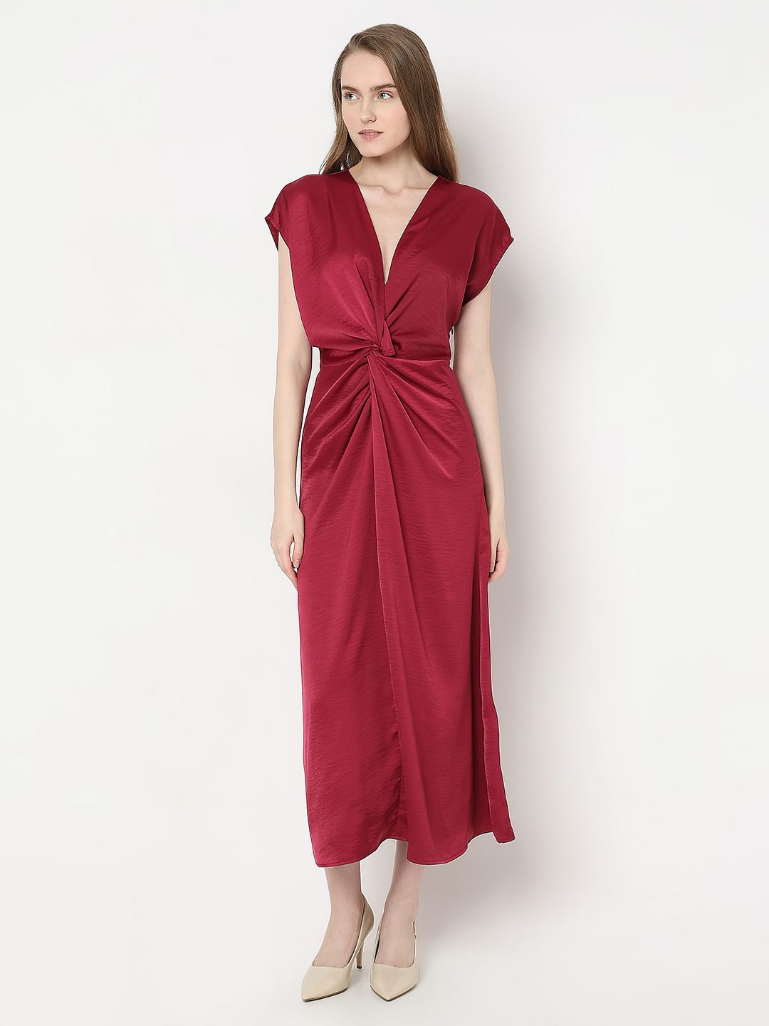 Red Front Knot Midi Dress