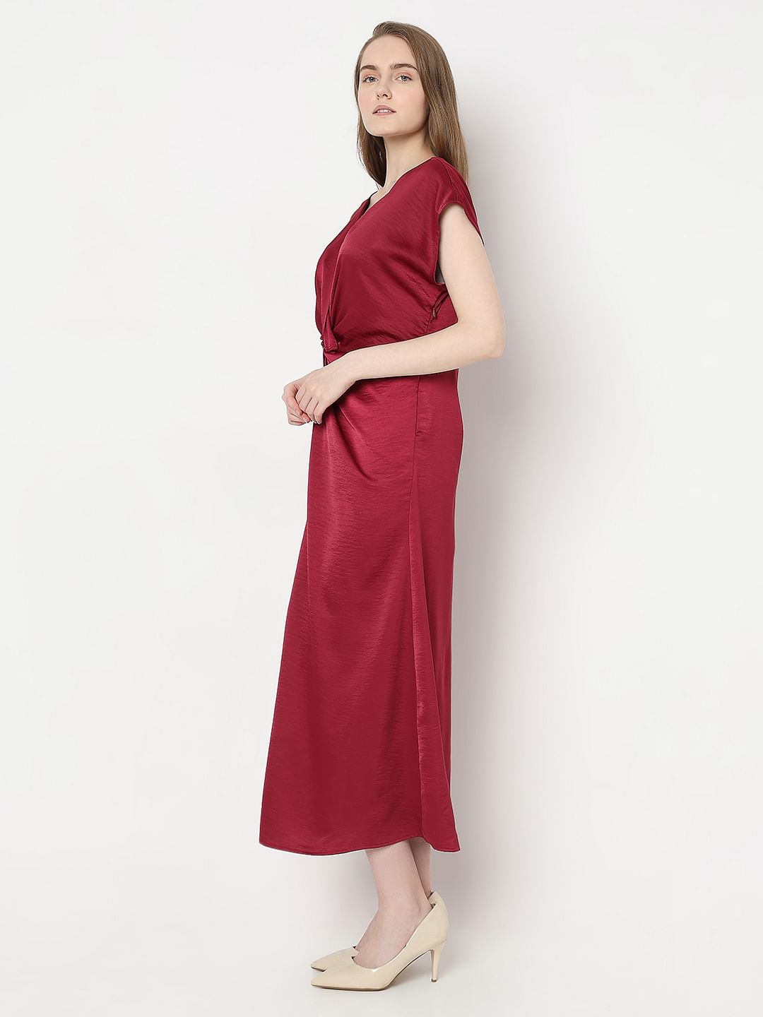 Red Front Knot Midi Dress