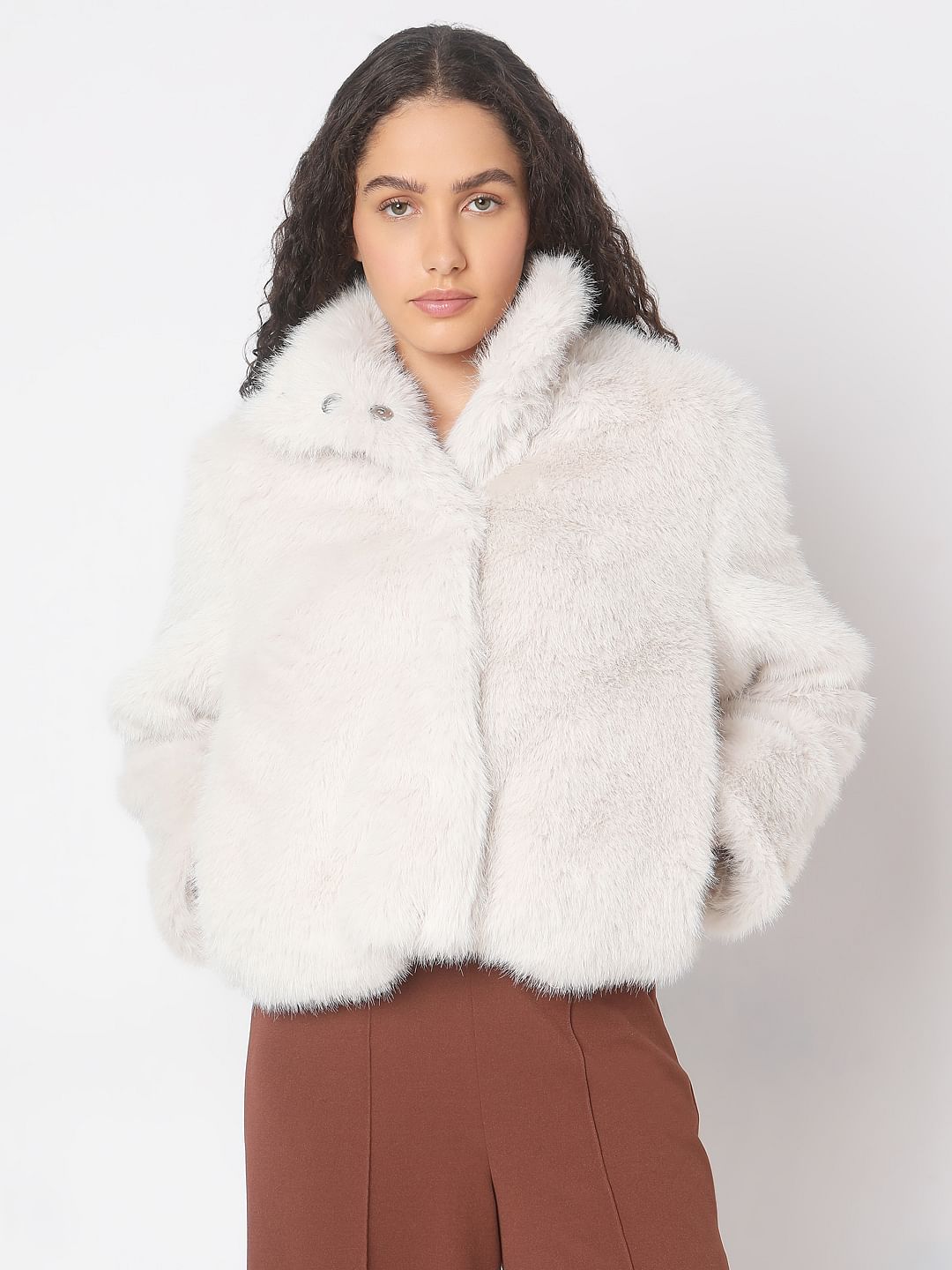 Beige Furry Hooded Short Jacket
