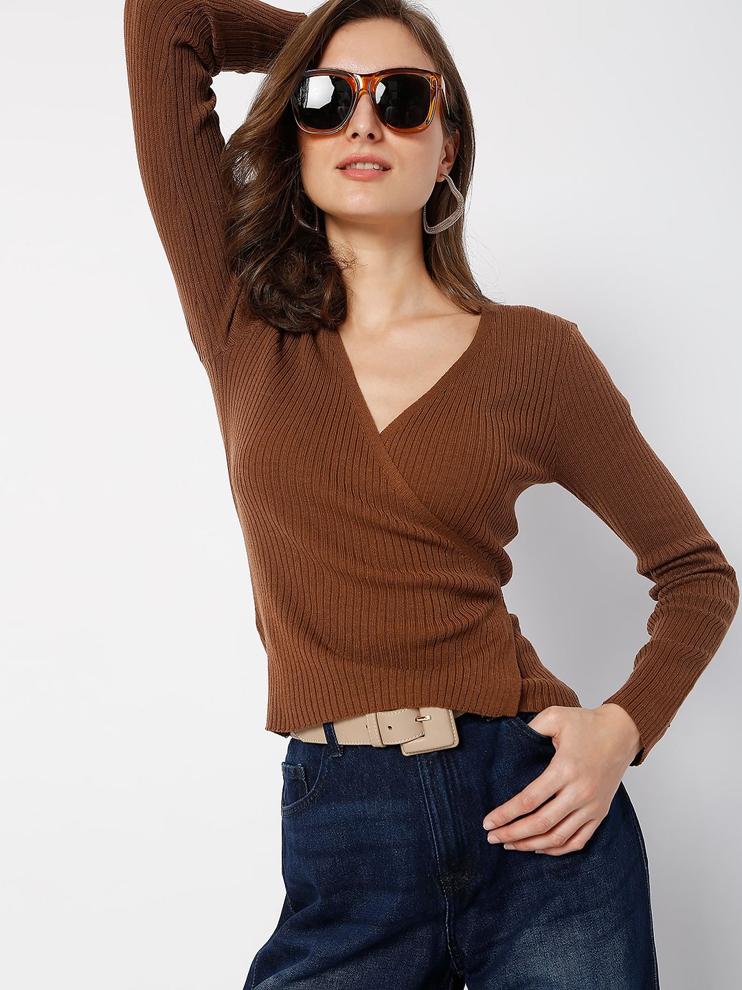 Brown Ribbed Wrap Top