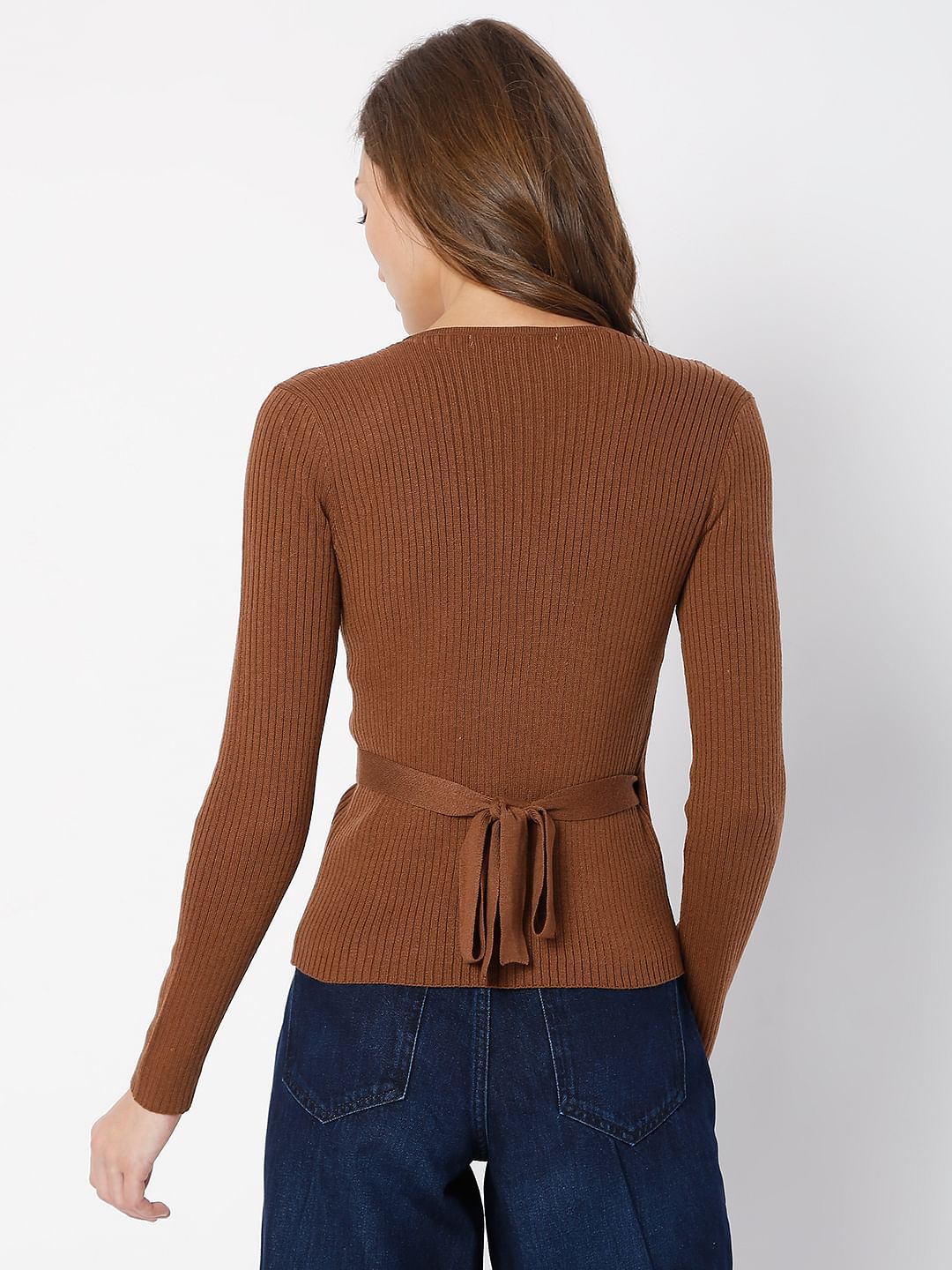 Brown Ribbed Wrap Top