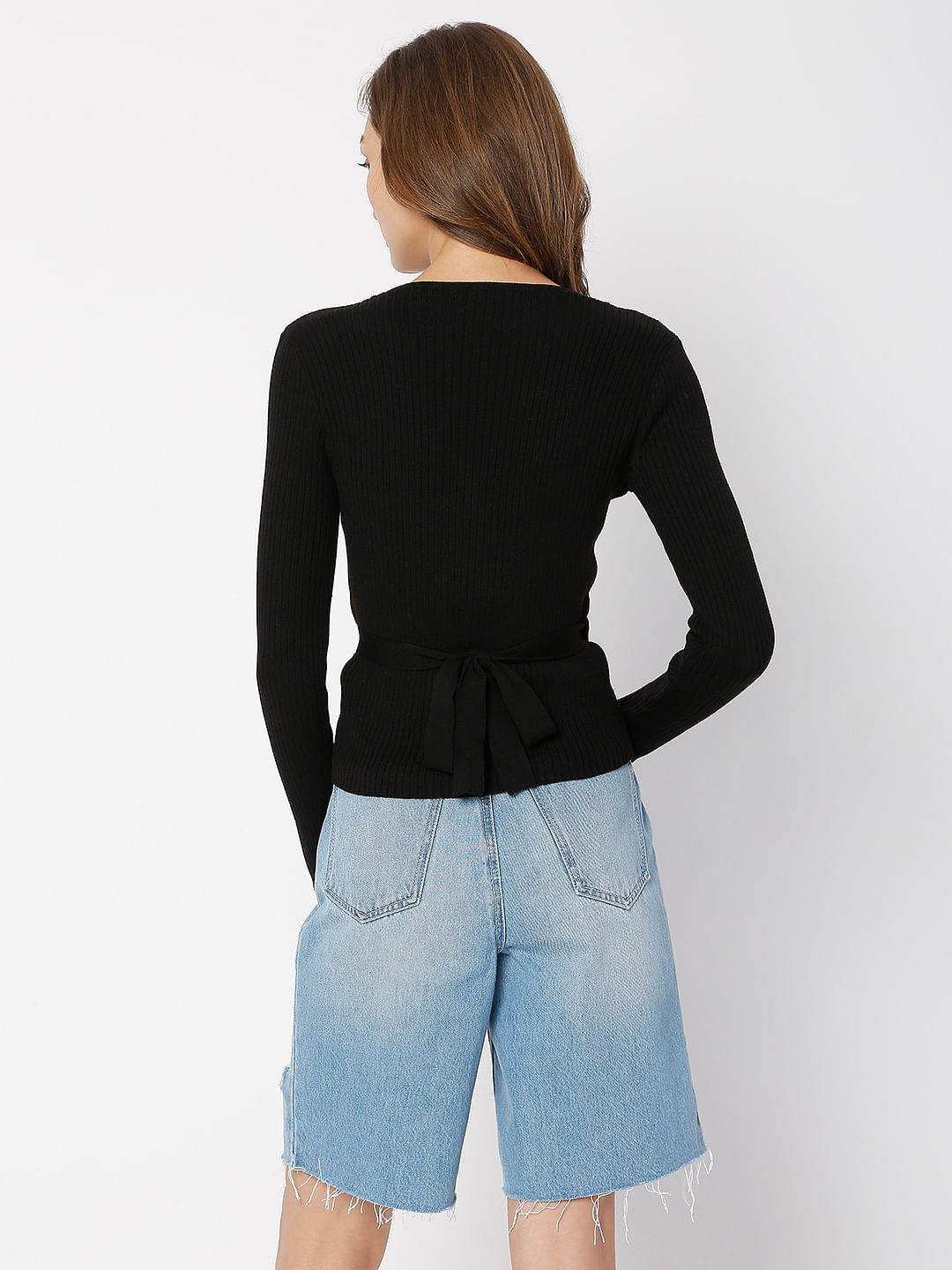 Black Ribbed Wrap Top