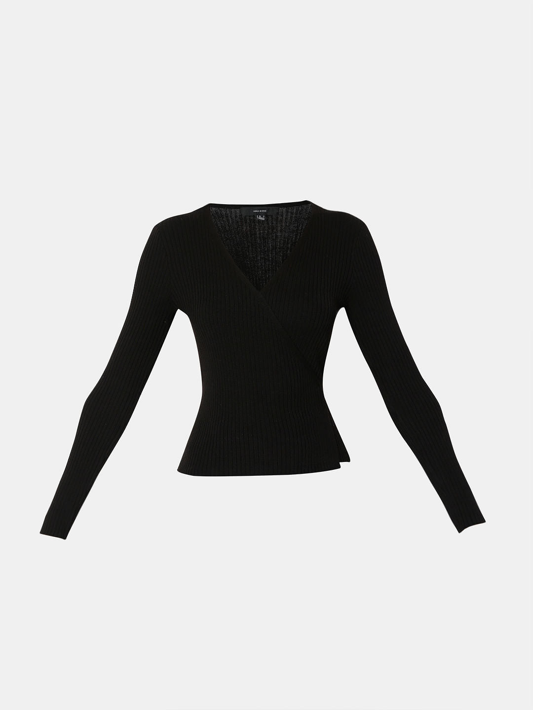 Black Ribbed Wrap Top