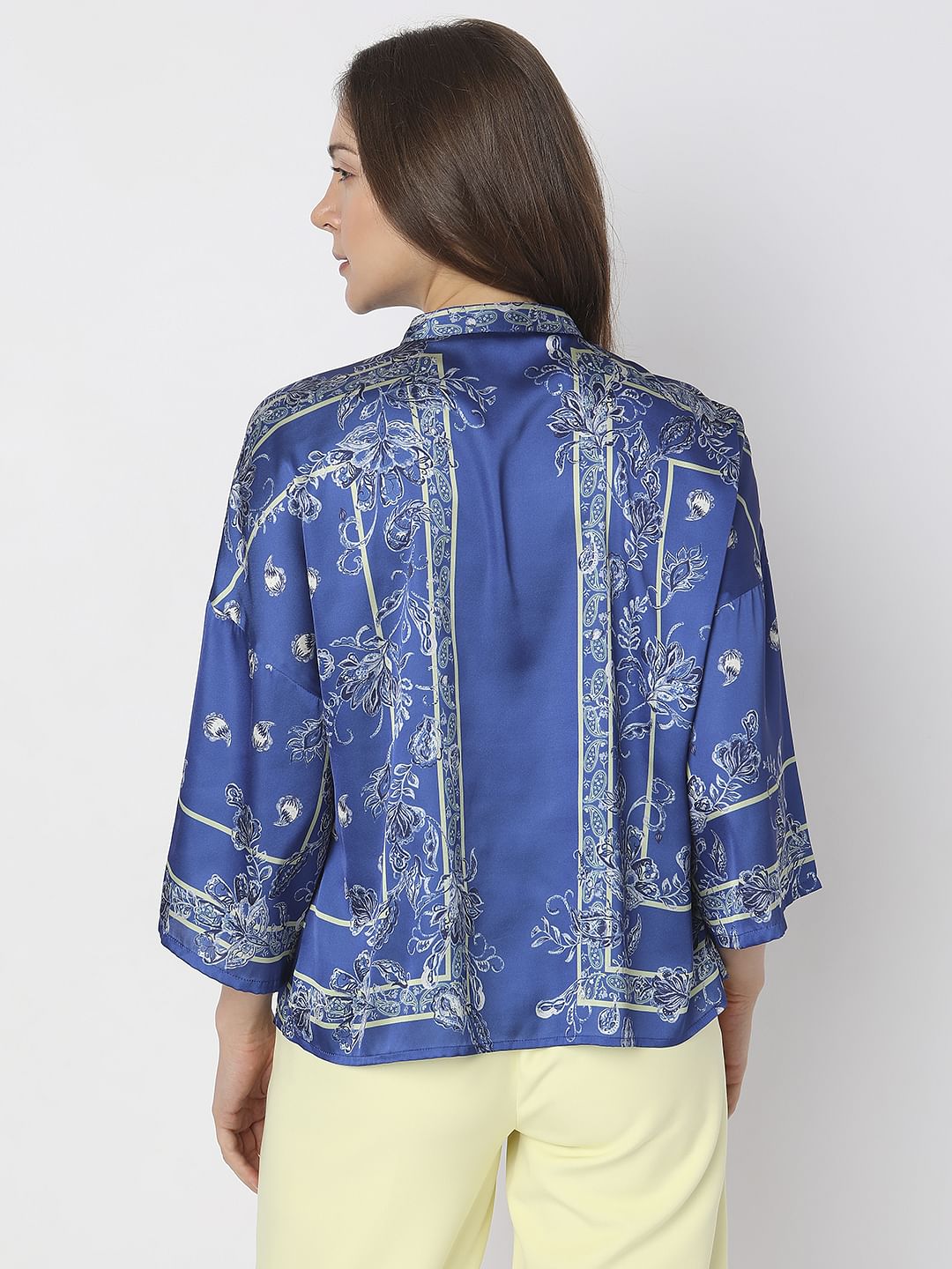 Blue Floral Mandarin Collar Shirt