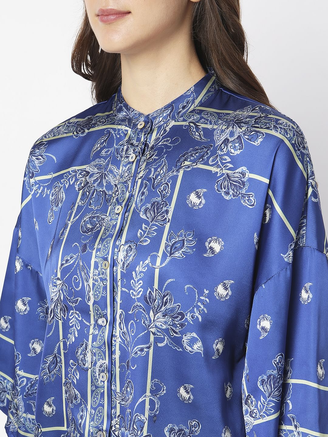 Blue Floral Mandarin Collar Shirt