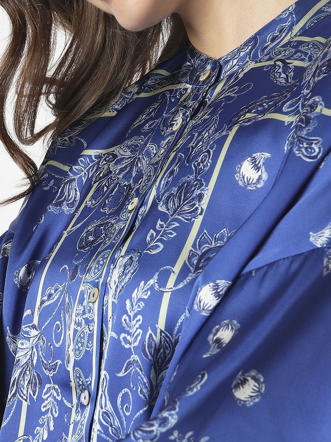Blue Floral Mandarin Collar Shirt