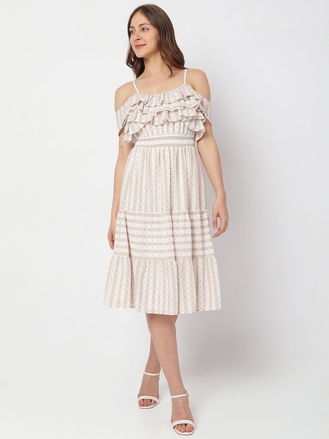 Beige Printed Cold-Shoulder Midi Dress