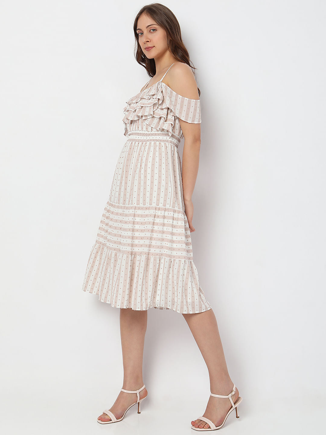 Beige Printed Cold-Shoulder Midi Dress