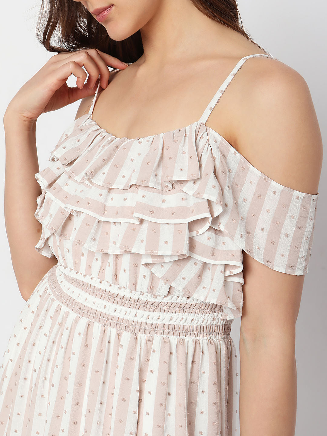 Beige Printed Cold-Shoulder Midi Dress