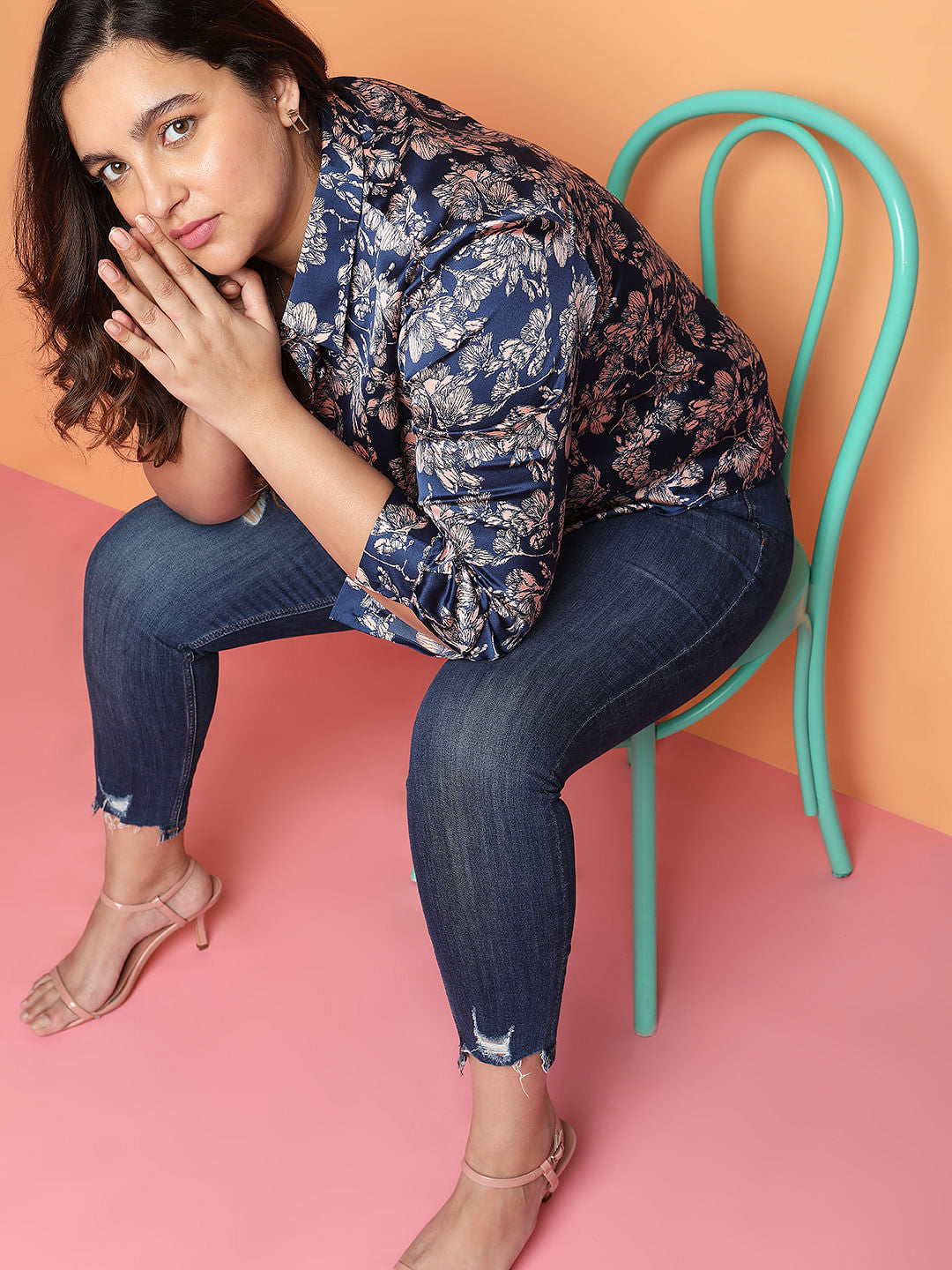 Curve Blue Floral Print Satin Shirt