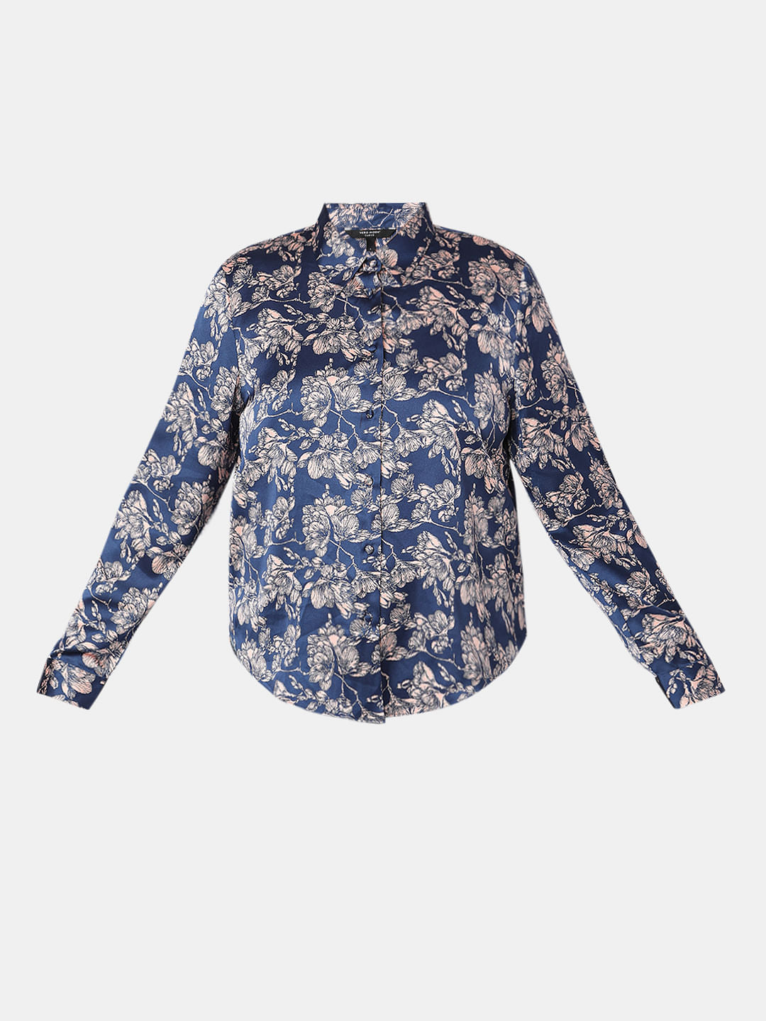 Curve Blue Floral Print Satin Shirt