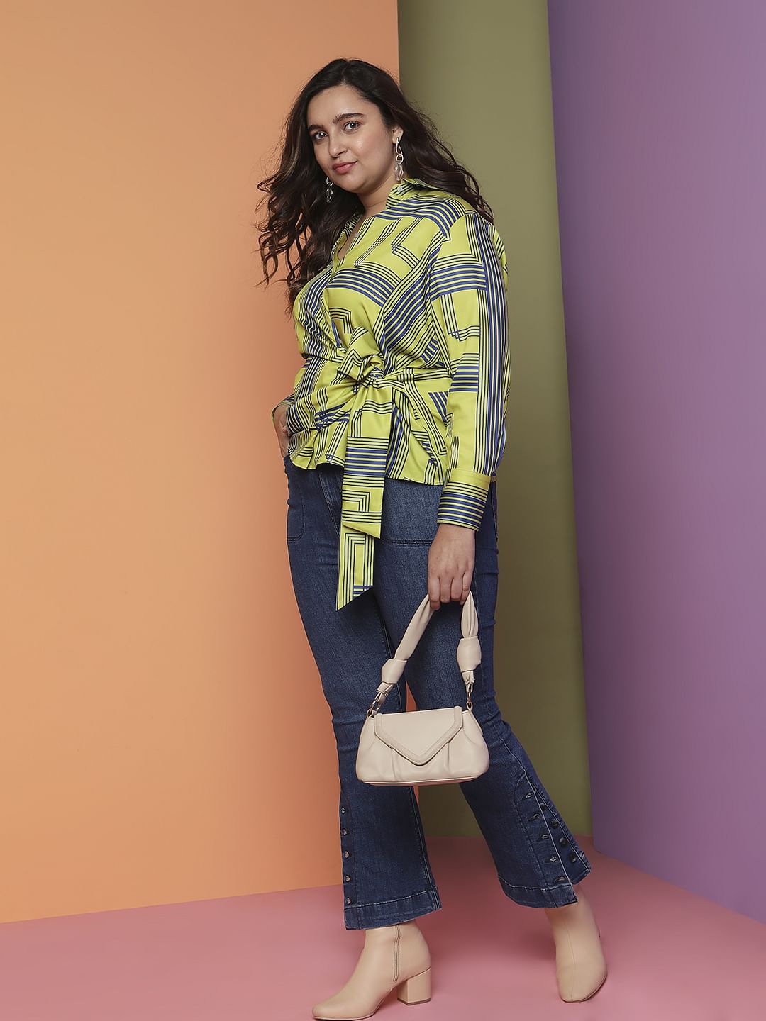 Curve Green Printed Front Knot Shirt