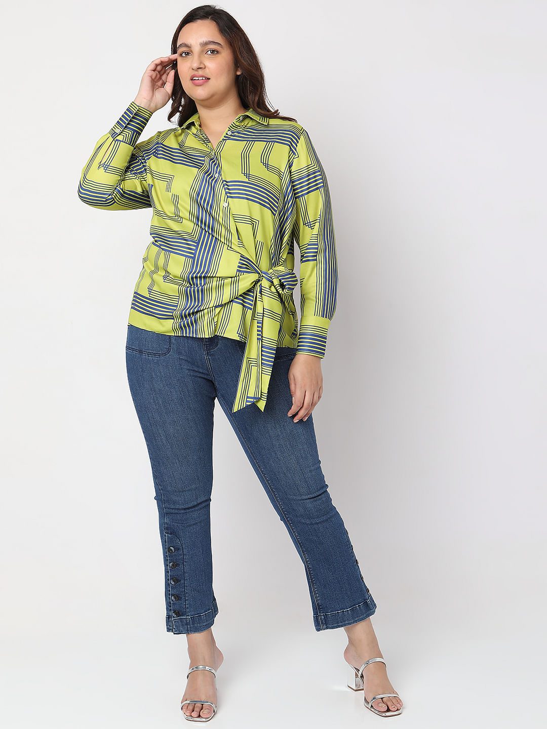 Curve Green Printed Front Knot Shirt