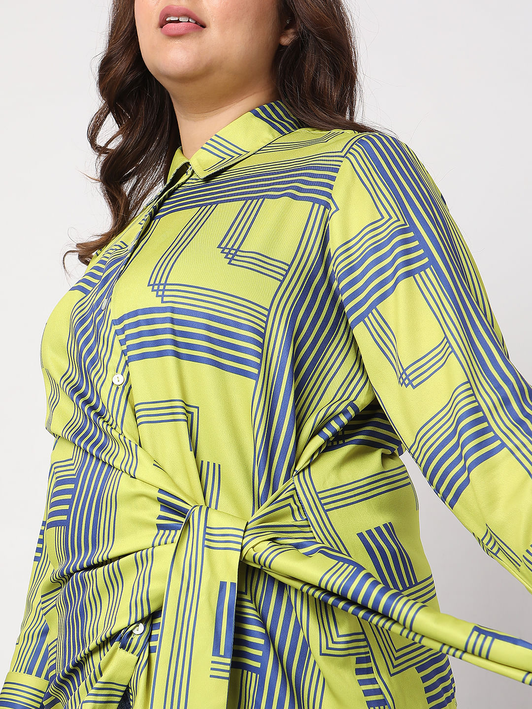 Curve Green Printed Front Knot Shirt
