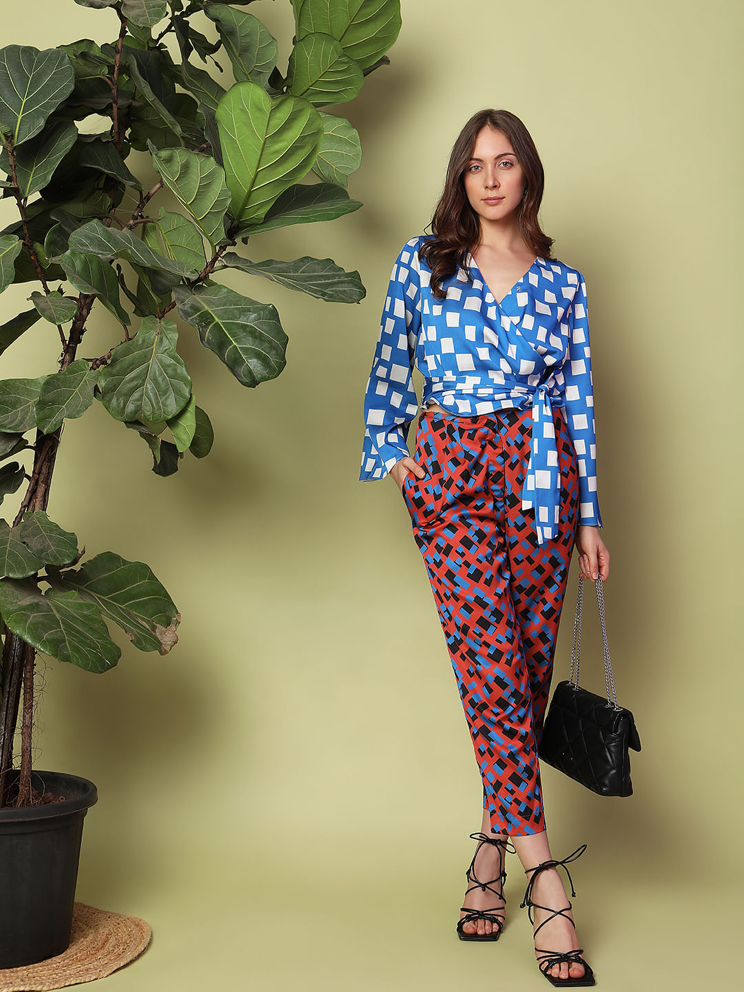 Blue Printed Wrap-Over Top