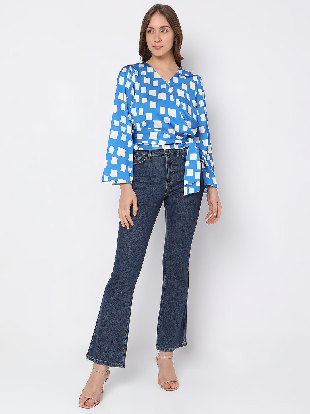 Blue Printed Wrap-Over Top