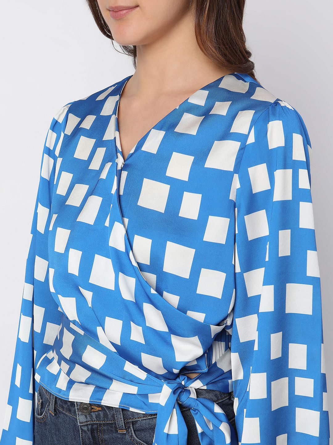 Blue Printed Wrap-Over Top