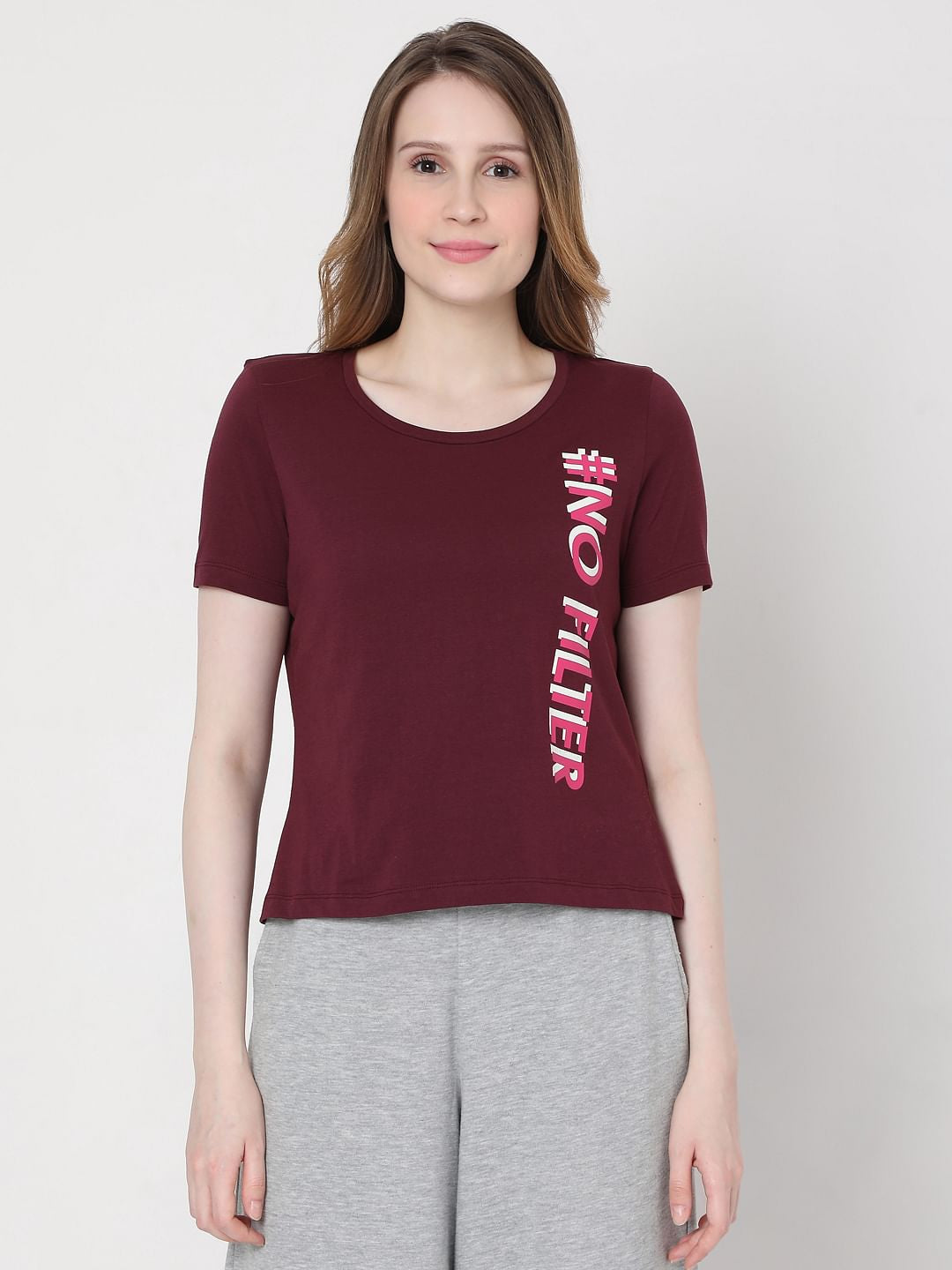 Maroon Slogan Print T-Shirt