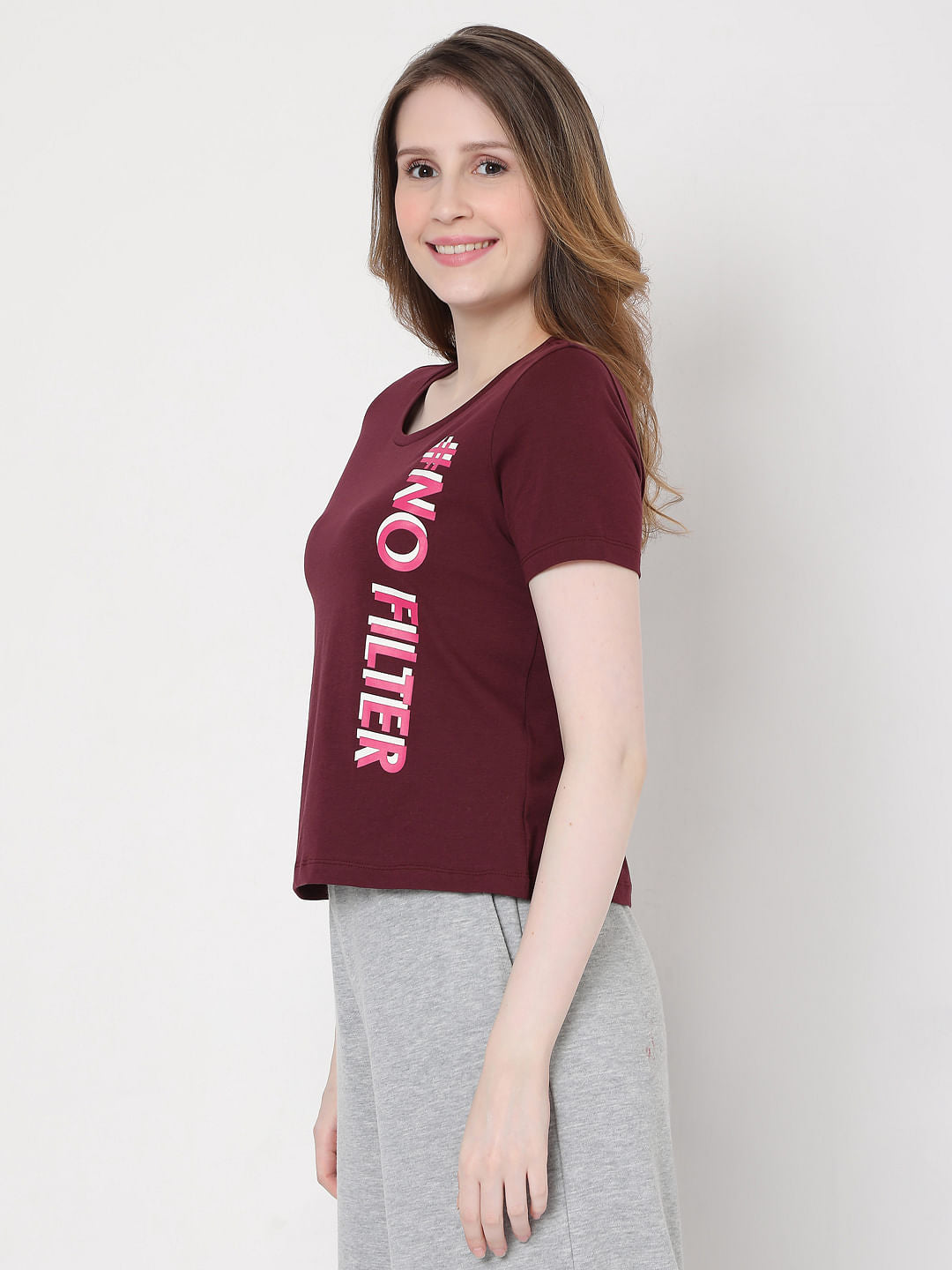 Maroon Slogan Print T-Shirt