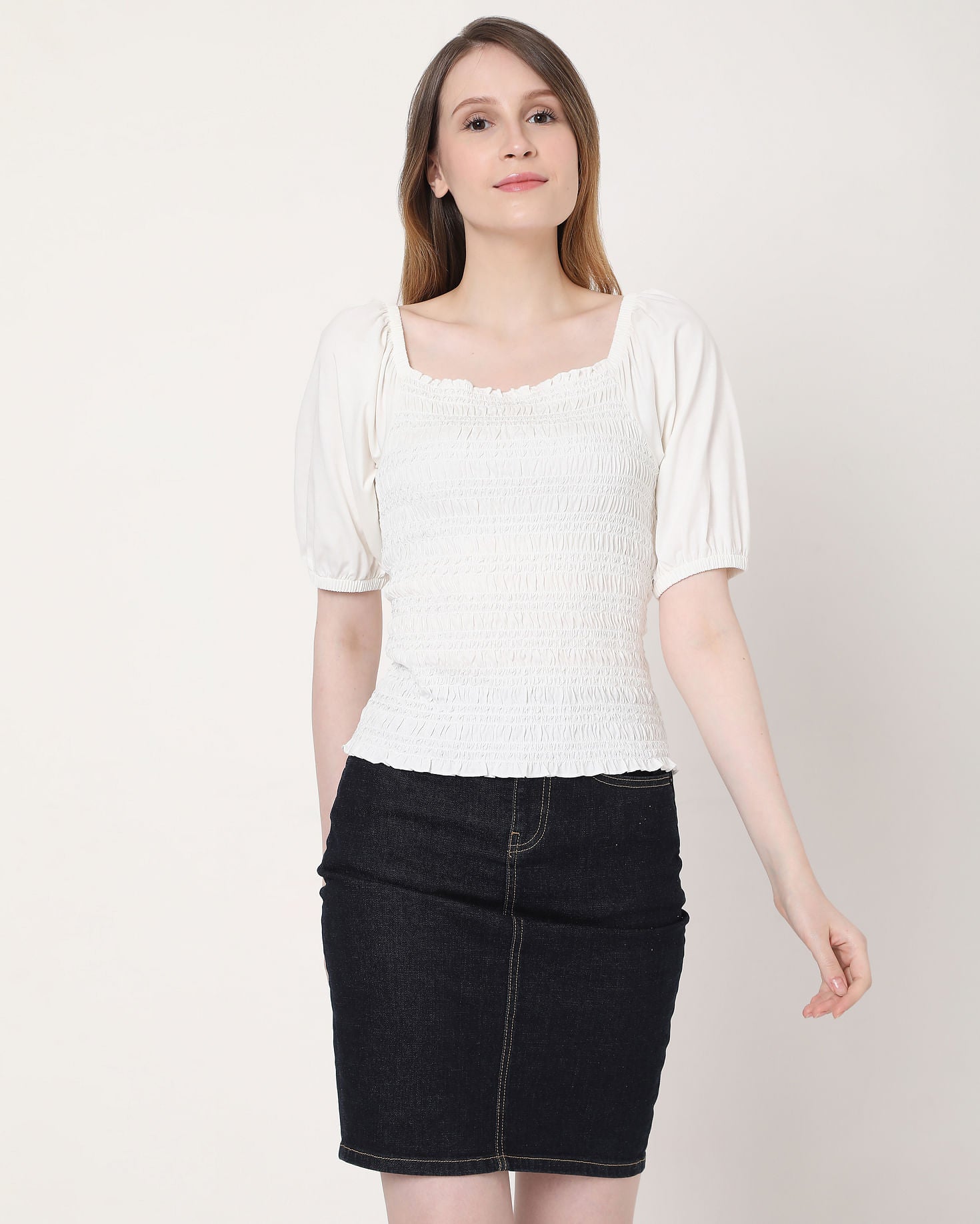 White Smocked Puff Sleeves Top