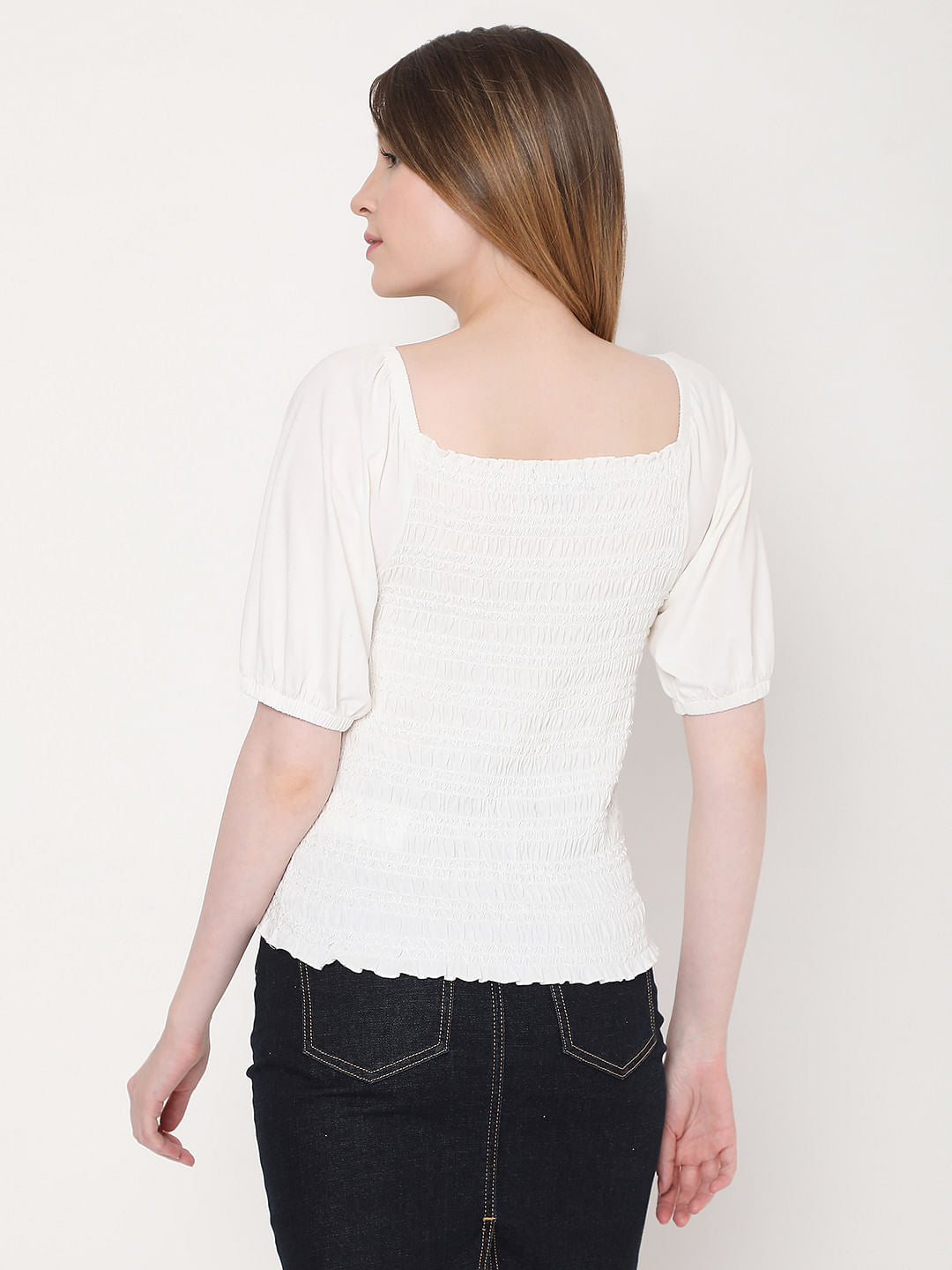 White Smocked Puff Sleeves Top