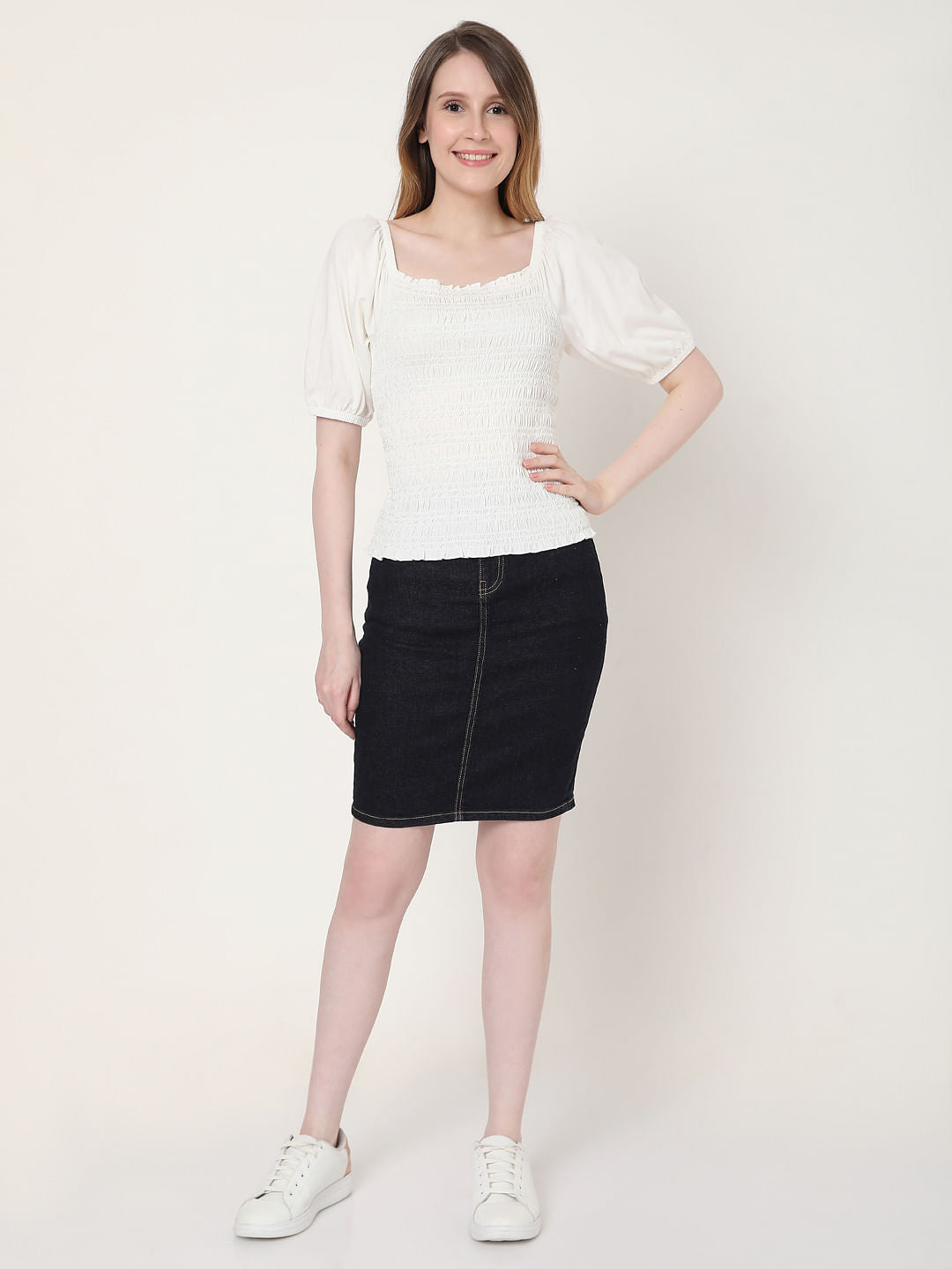 White Smocked Puff Sleeves Top