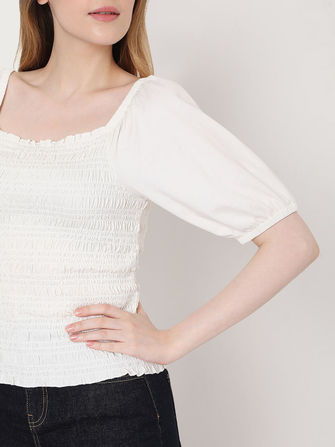 White Smocked Puff Sleeves Top
