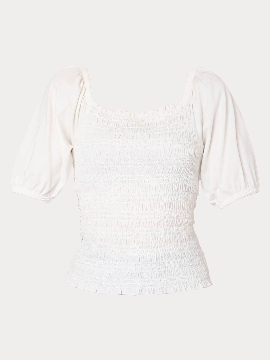 White Smocked Puff Sleeves Top