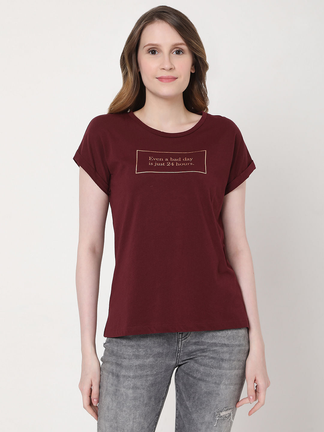 Maroon Slogan Print T-Shirt