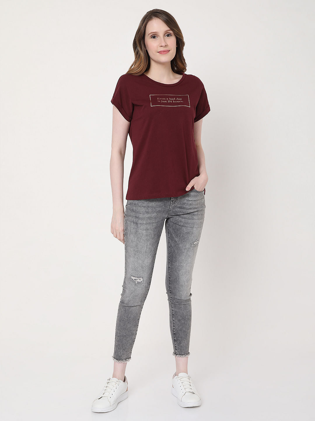 Maroon Slogan Print T-Shirt