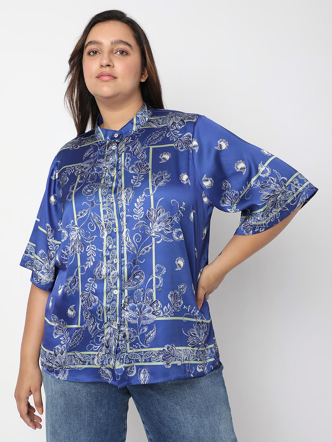 Curve Blue Floral Satin Shirt