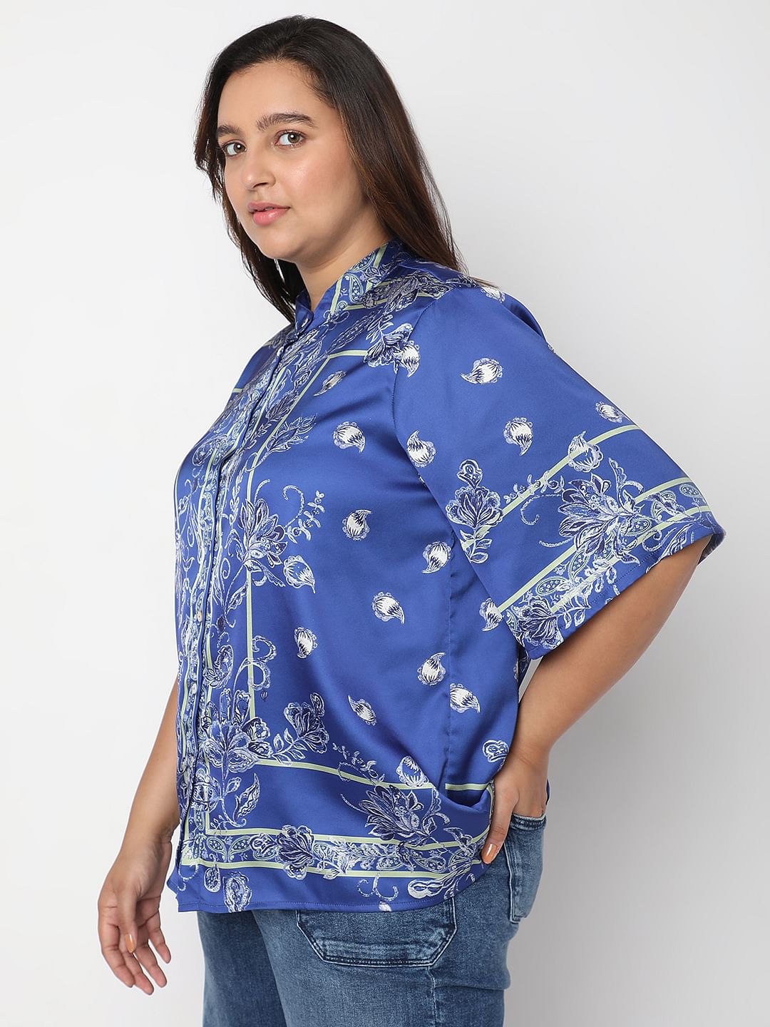 Curve Blue Floral Satin Shirt