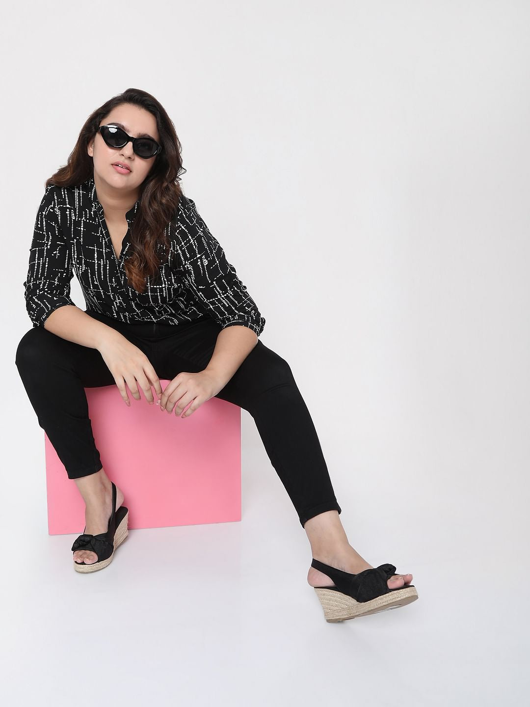 Curve Black Abstract Print Top