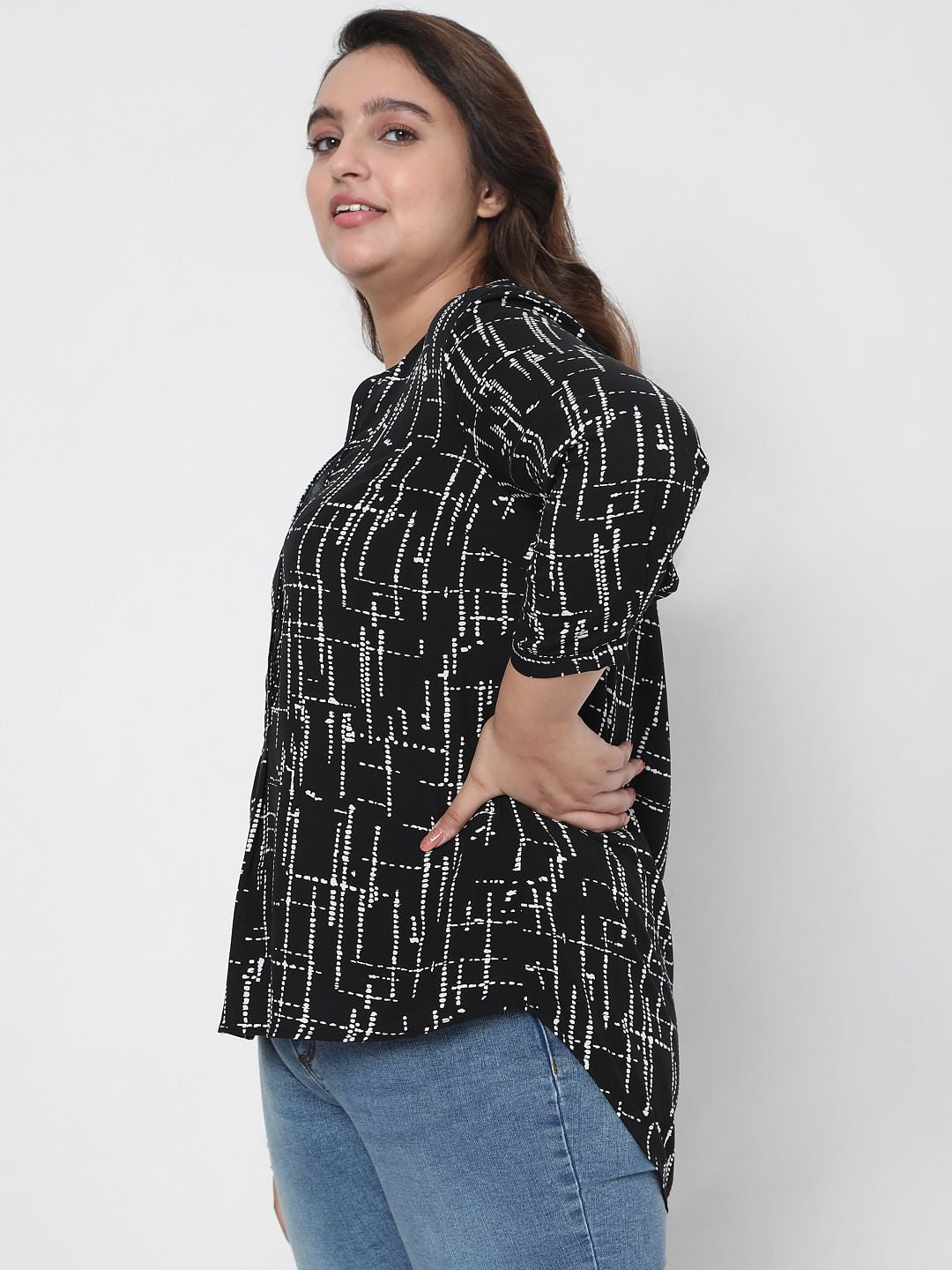Curve Black Abstract Print Top