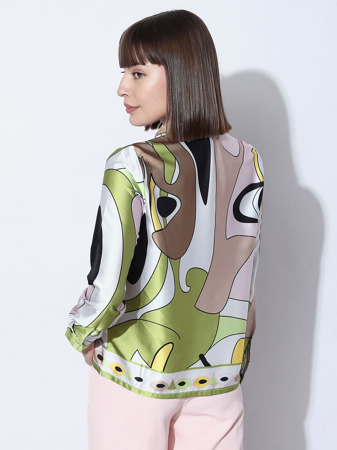 Green Abstract Print Satin Shirt