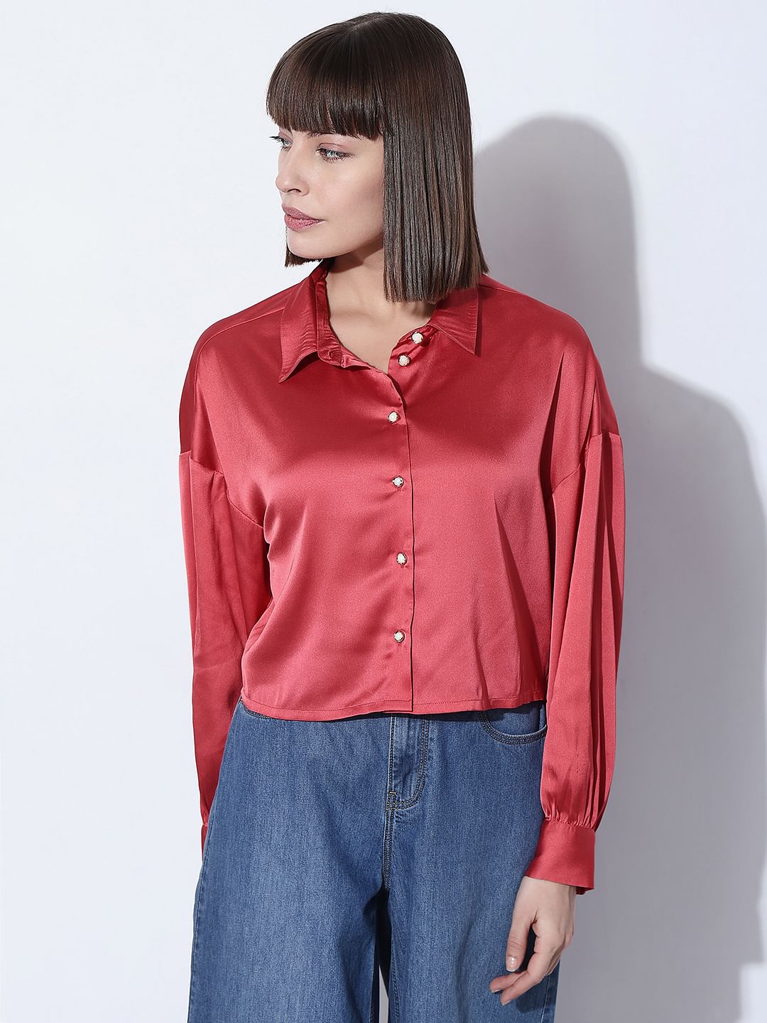 Red Satin Cropped Shirt