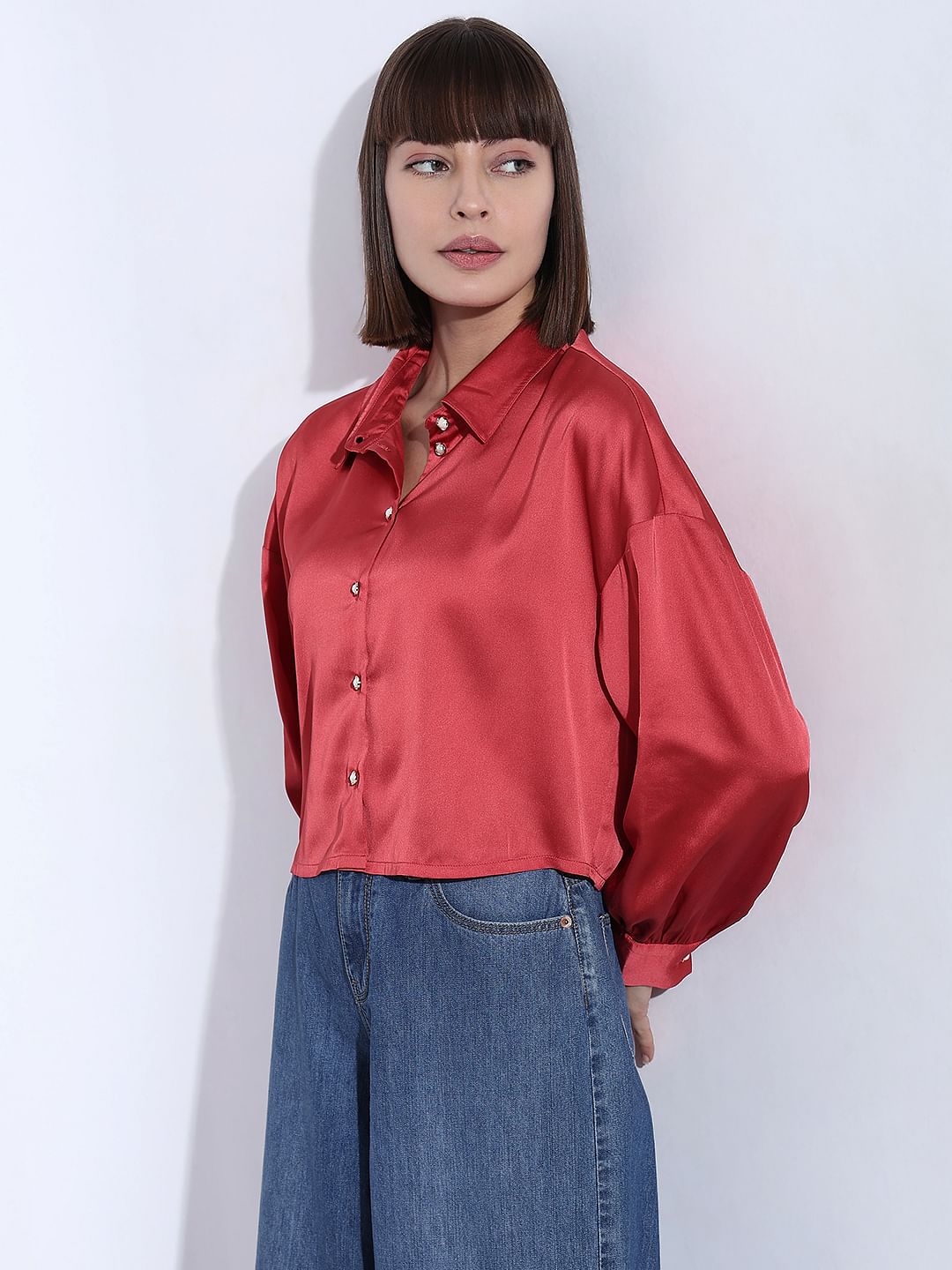 Red Satin Cropped Shirt