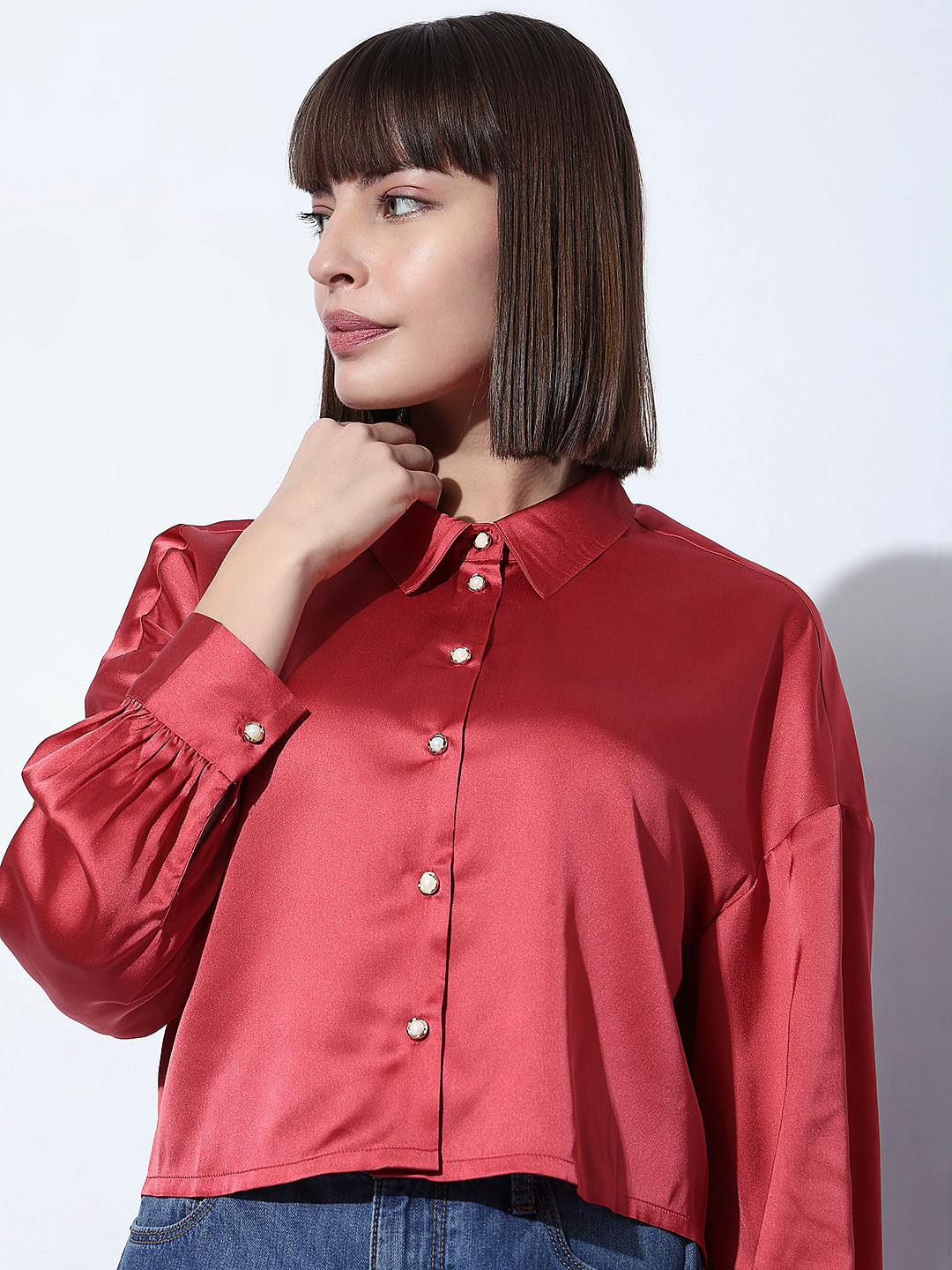 Red Satin Cropped Shirt