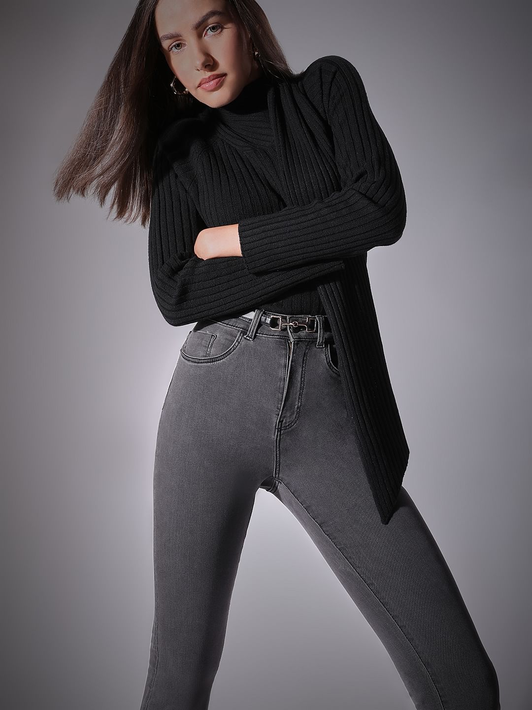 Black Ribbed Wrap Neck Top