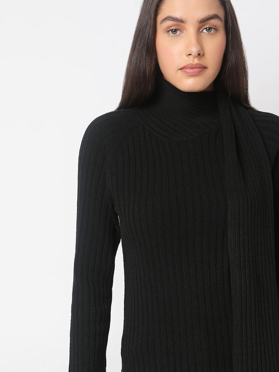 Black Ribbed Wrap Neck Top