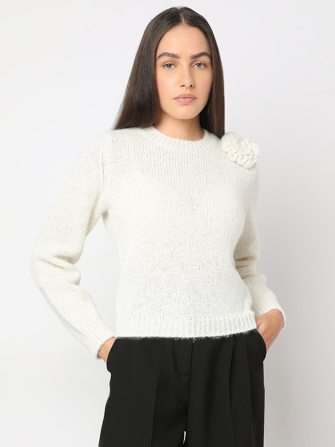 White With A Flower Pullover