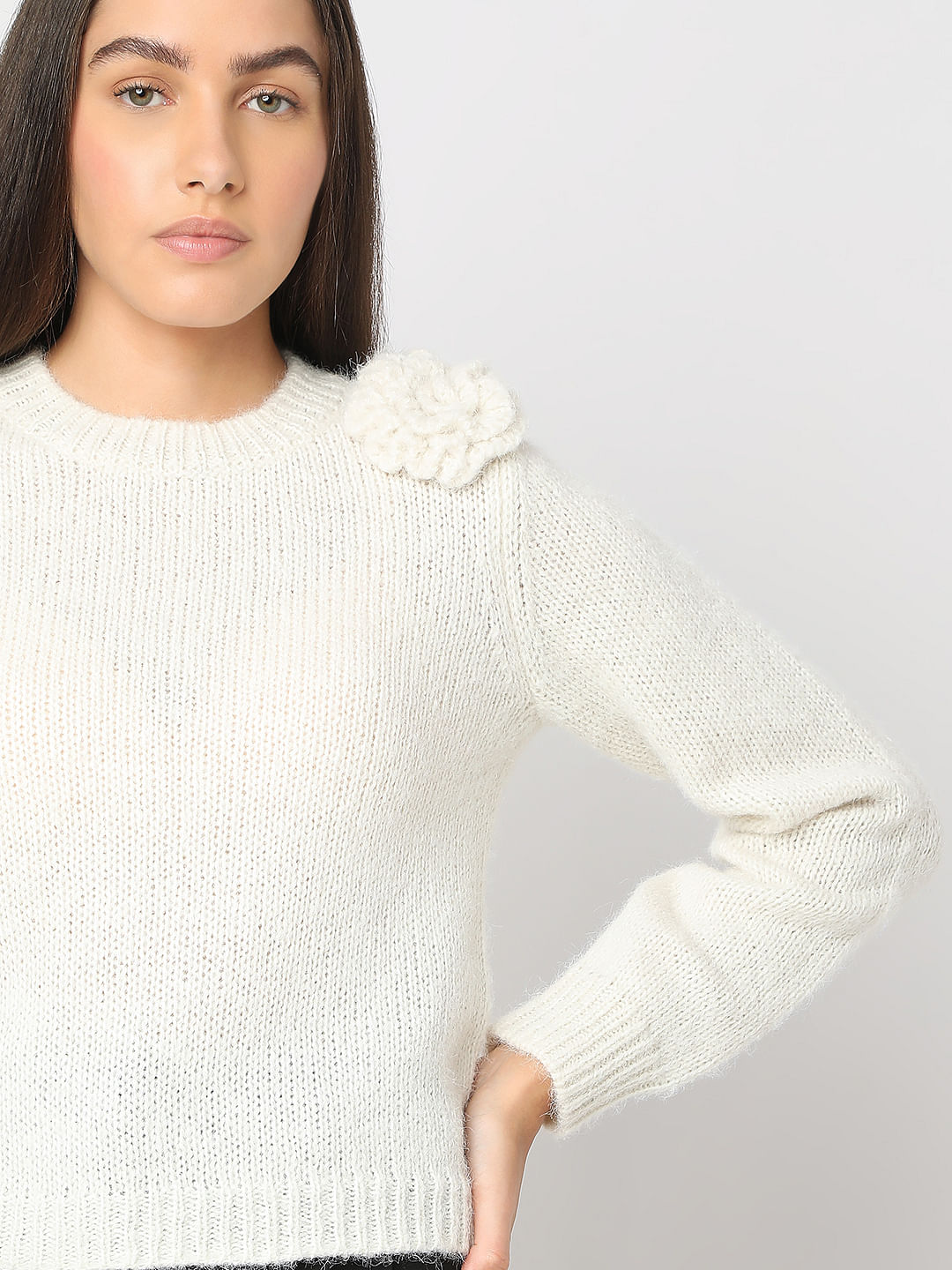 White With A Flower Pullover