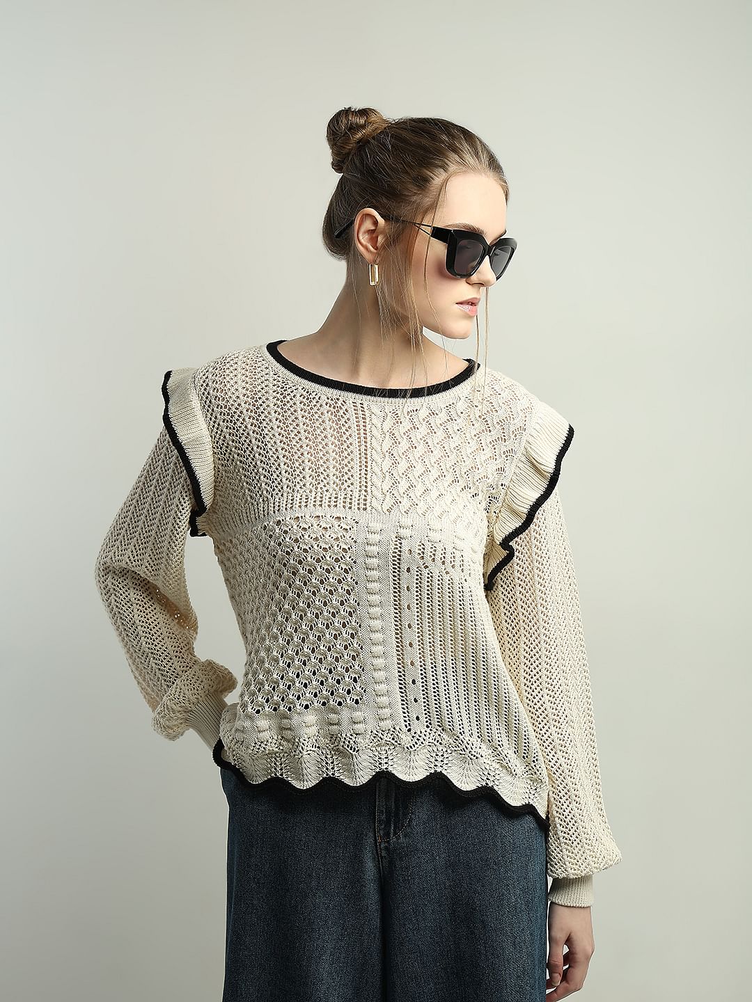 Beige Textured Ribbed Pullover