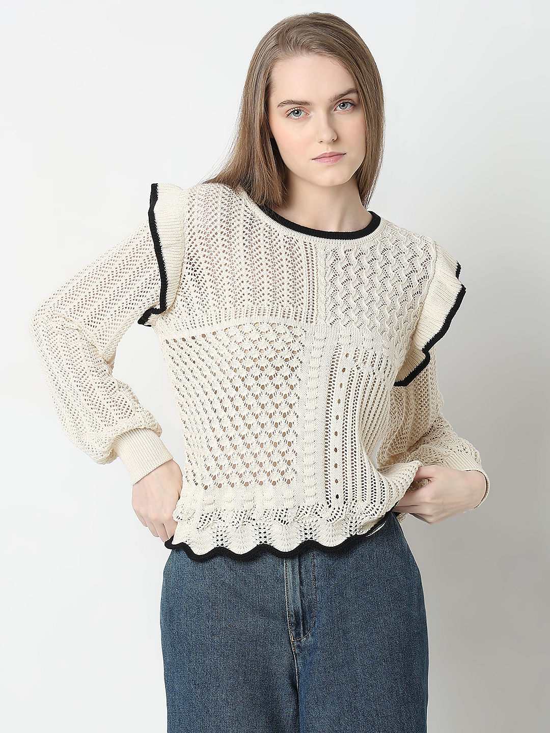 Beige Textured Ribbed Pullover