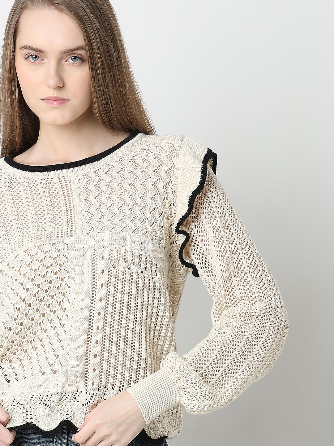 Beige Textured Ribbed Pullover