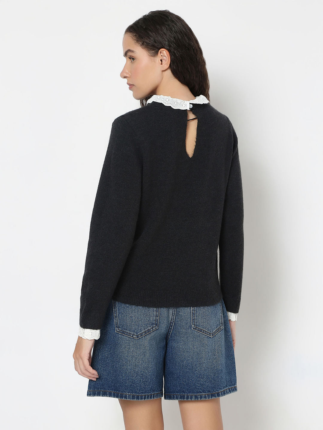 Black Schiffli Lace Collar Pullover