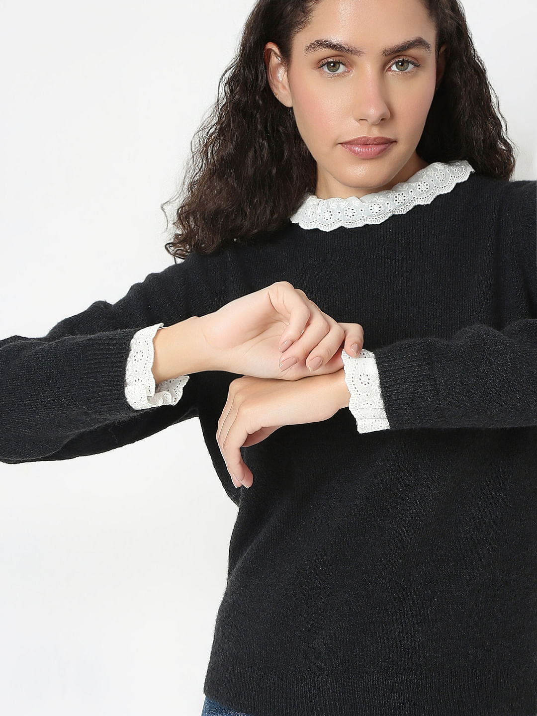 Black Schiffli Lace Collar Pullover