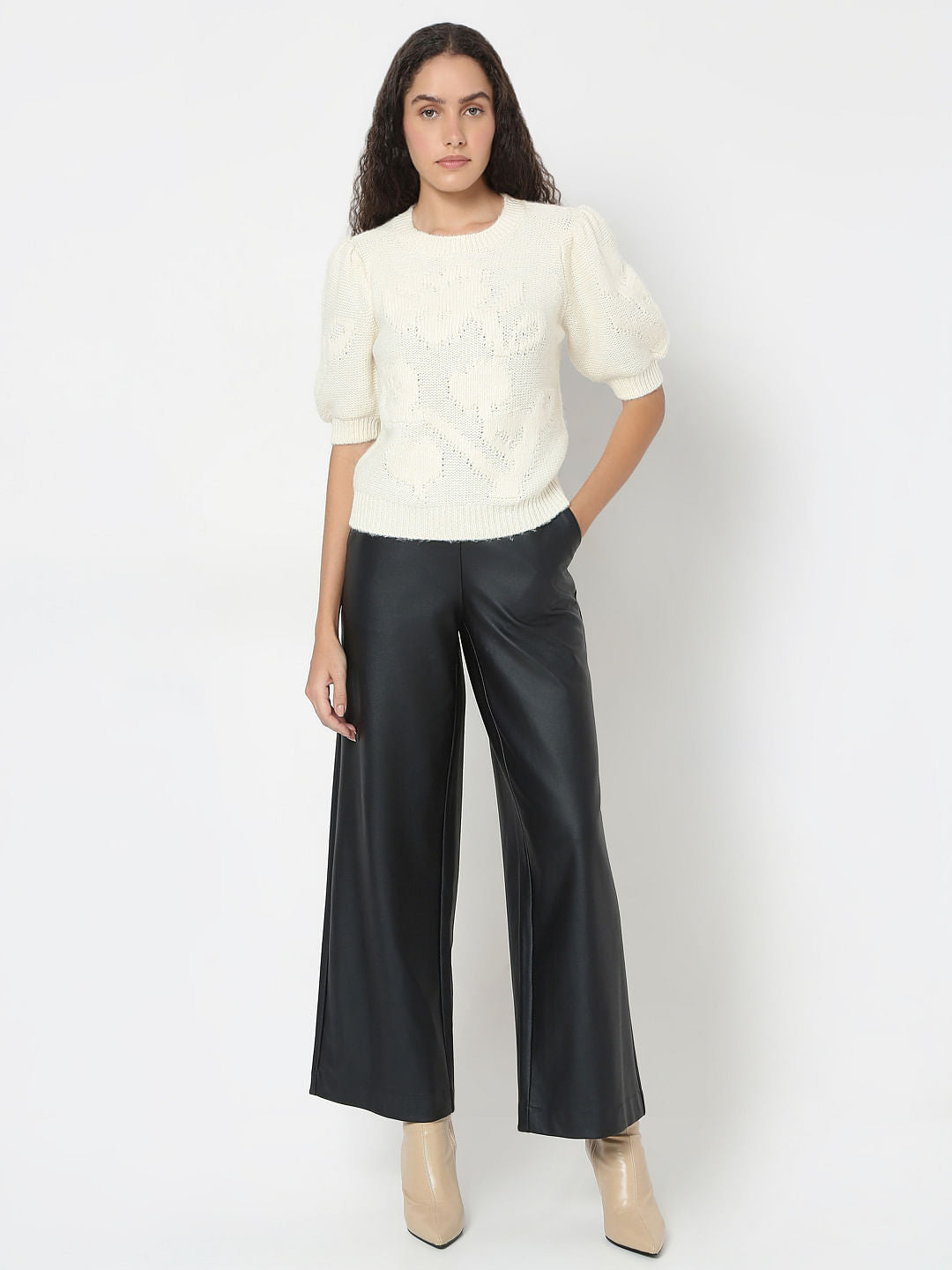 Cream O-Neck Puff Sleeves Pullover